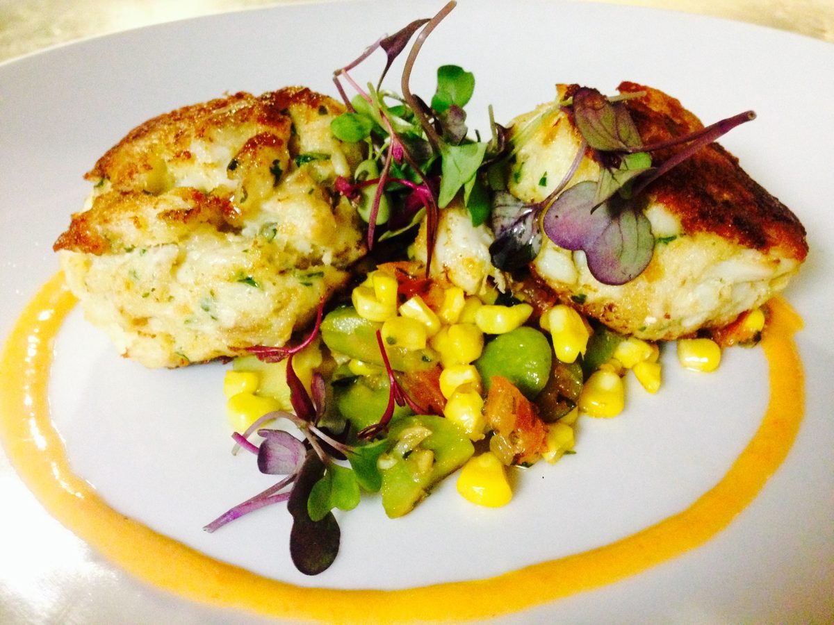 Crab cakes with corn succotash