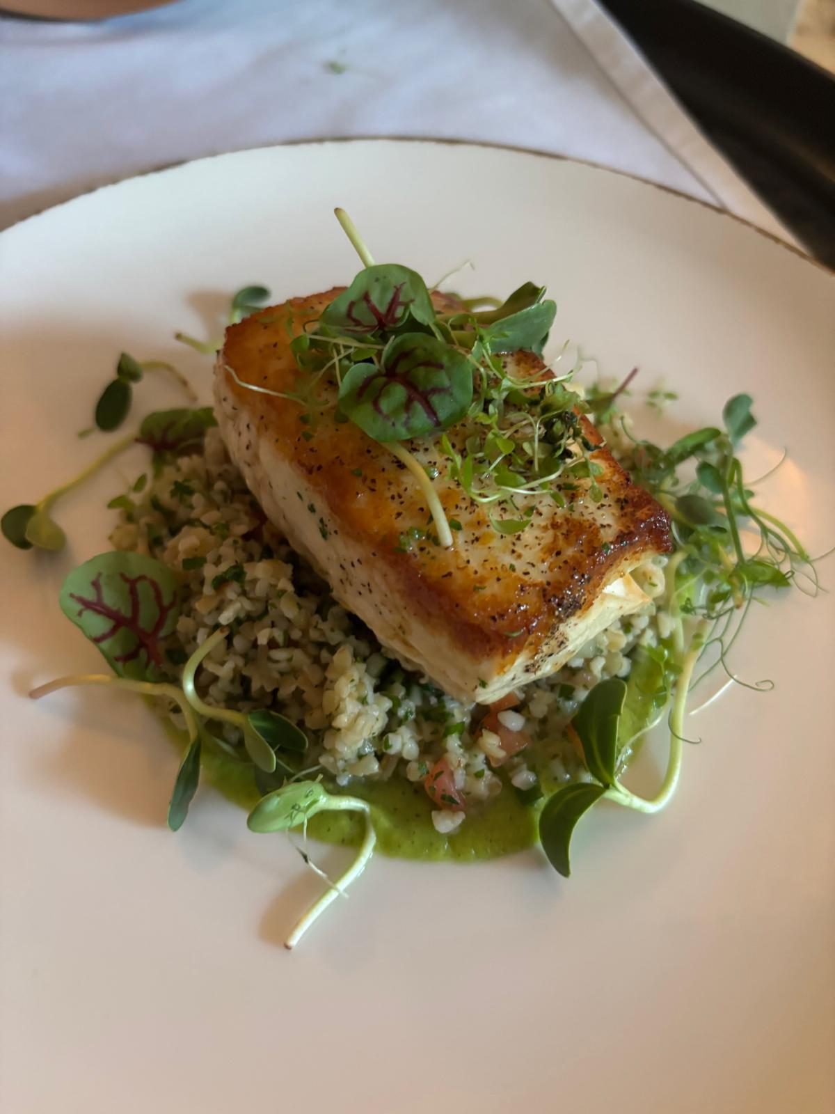 Seared halibut with herbed bulgur
